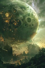 Fototapeta premium A green planet hangs in the sky over a ruined city