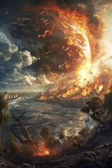 A large asteroid is about to hit the Earth, causing a huge explosion and a tsunami that is destroying the coastal cities