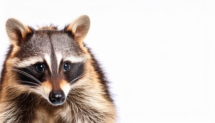 portrait of a cute funny raccoon closeup isolated on a white background