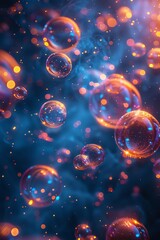 Glass bubbles floating upwards in a blue background with a light at the top