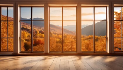 interior with large window and autumn landscape generative ai illustration