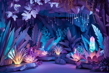 Fototapeta premium Create a magical 3D illustration of a lush cavern filled with glowing crystals and exotic plants