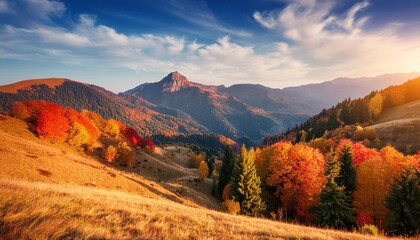 realistic photo extraordinary beautiful mountain nature in beautiful hills colorful forest sky...