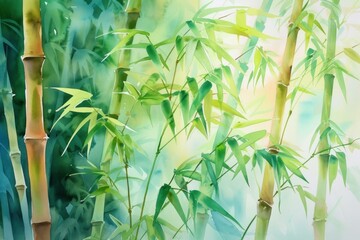 Ethereal Bamboo watercolor painting. Nature tropical branch tree artistic artwork design. Generate ai