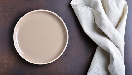 empty beige plate with beige linen napkin on a dark brown background top view flat lay - Powered by Adobe
