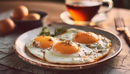 close up of delicious fried eggs served on a plate alongside a cup of tea - Powered by Adobe