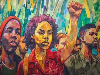 A group of people of various ethnicities and genders are raising their fists in a show of solidarity. The background is a bright, colorful mural.