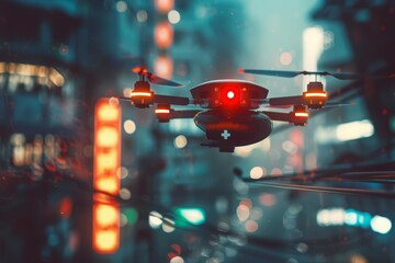 A sleek black drone with red and orange lights flies through a dark city. The drone is on a medical delivery mission. - Powered by Adobe