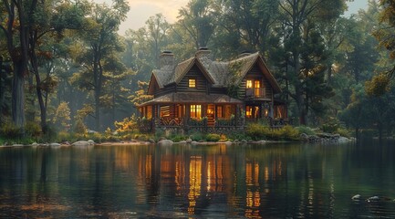 A house on the bank of an river, surrounded by greenery and nature, in hyperrealistic style, with cinematic lighting. --ar 128:71 --stylize 750 Job ID: 716b51d9-ac71-48d5-a9fa-16502352bd67