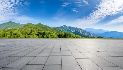 empty square floor and green mountain nature landscape under blue sky panoramic view