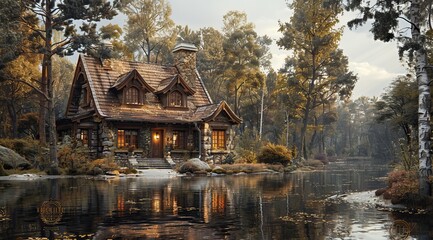 a house on the bank of river, in forest, cinematic, realistic, photo realistc, hyperdetailed