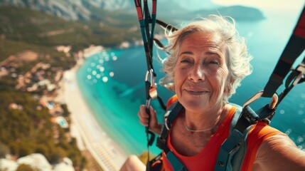 beautiful grandmother jumping with a parachute on a beach
