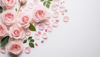 close up of blooming pink roses flowers and petals isolated on white table background floral frame composition decorative web banner empty space flat lay top view ai generative