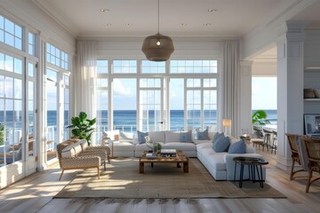 Design a modern beach house living room with white walls, large windows, hardwood floors, and a large comfortable couch facing the ocean