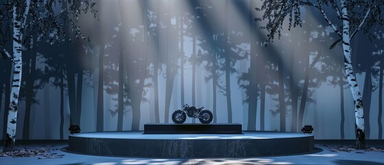 A spotlight shines down on a custom chopper parked on a small stage in the middle of a darkened forest.