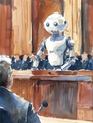 A robot stands in the witness box of a courtroom