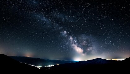 panorama dark blue night sky milky way and stars on dark background universe filled with stars...