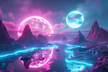 A beautiful landscape with two moons. The sky is dark and the water is glowing. The mountains are in the background and the foreground is a beach. The moons are pink and blue.