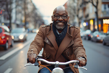 Successful smiling African American businessman riding a bicycle in a city street. Healthy, ecology transport. - Powered by Adobe