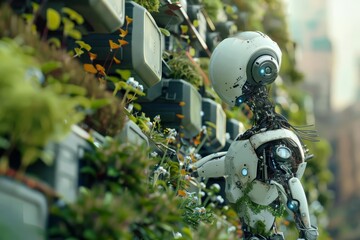 Fototapeta premium A lone robot stands in a lush, overgrown city, surrounded by the remnants of a forgotten civilization