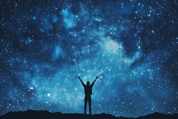 Lost in the beauty of the cosmos, a solitary figure stands in awe beneath a resplendent night sky, arms raised in reverence to the celestial tapestry above.