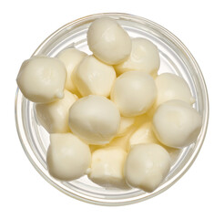 Mozzarella balls in glass bowl on isolated background