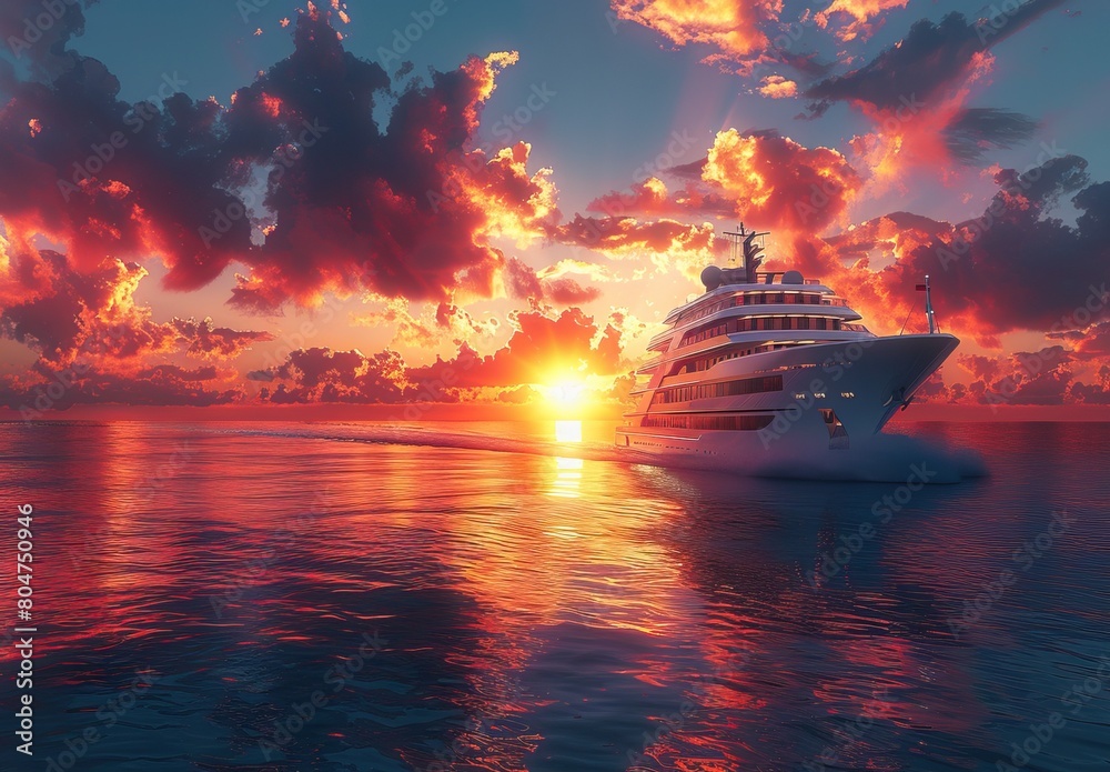 Wall mural A luxury cruise ship sailing on the open sea with a beautiful sunset sky background, in the style of photorealistic photography. --ar 123:83 --stylize 750 Job ID: 97eae536-8525-43f3-b160-8dfe47712133