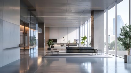 Design an interior scene of a modern office lobby with a large glass window, dark leather sofa, and marble floor tiles