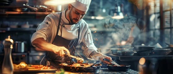 A chef is hard at work in a professional kitchen, preparing a delicious meal. He is focused and determined, and takes great pride in his work.