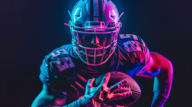 American football player in helmet with ball on black background in neon light