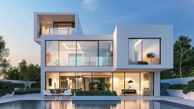 Design a modern house with a pool. The house should be white and have a lot of glass windows. It should look futuristic and have a minimalist design.