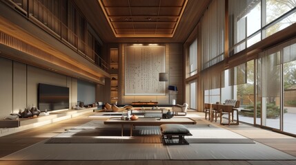 The living room is decorated in a modern Japanese style
