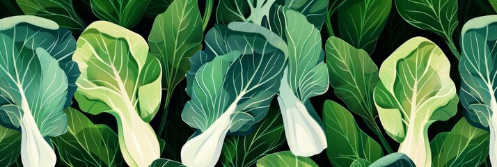 This vibrant illustration of bok choy, with its deep greens and soft highlights, is ideal for use in nutritional guides, health food promotions, and vegetarian cuisine visuals. - obrazy, fototapety, plakaty