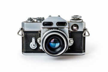 A detailed illustration of a vintage camera with a silver body and black leather accents. The camera is in focus and there is a slight blur to the background.
