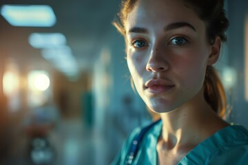 A young female doctor or nurse stands in a hospital hallway, looking at the camera with a serious expression.
