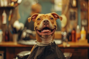 Calm Dog in barbershop work. Salon indoors. Generate Ai