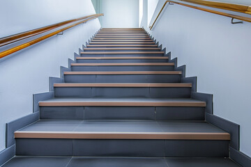 Slate grey stairs with a smooth wooden handrail, sleek and urban home design.