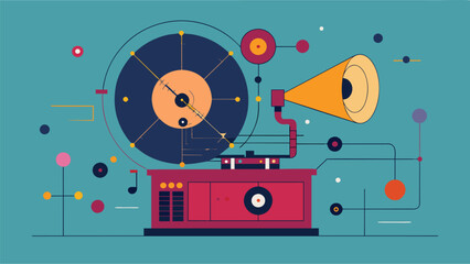 Obraz premium An abstract representation of a record player patent from the 1920s showcasing the delicate balance of the needle and its tracking mechanism. Vector illustration