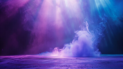 Soft aquamarine smoke curling across a stage under a bright purple spotlight, casting a cool, enchanting glow.