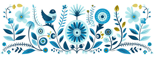 A colorful and lively flat design illustration with various stylized flowers and foliage for vibrant visuals