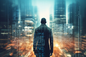 cybersecurity concept. Futuristic double exposure. Unknown man and city overlayed with data. High quality photo