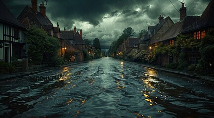A photorealistic street of a small village in France, with houses on both sides, dark clouds above,...