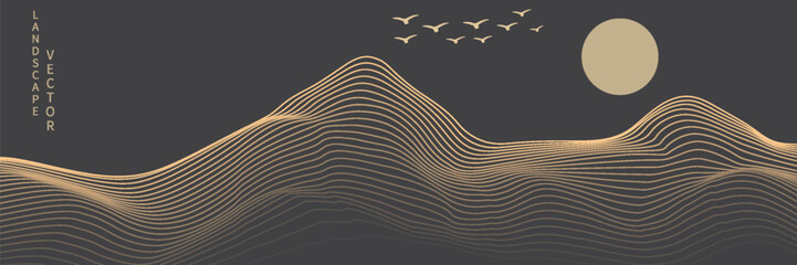 Vector abstract art Southeast Japan Mount Fuji, landscape mountain with birds and sunrise with golden line art texture isolated on dark gray black color background.