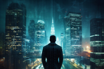 cybersecurity concept. Futuristic double exposure. Unknown man and city overlayed with data. High quality photo
