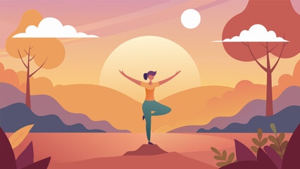 The soft hues of the sunrise create a serene backdrop for a person practicing balance and flexibility in a park.. Vector illustration