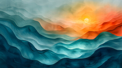 A surreal and vivid abstract landscape of rolling mountains in shades of teal, orange and yellow forming wave-like patterns with a glowing sun on the horizon