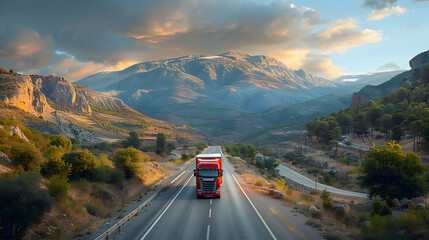 Cargo truck driving through landscape at sunset
