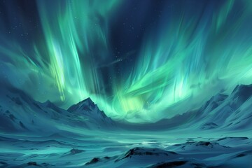 Spectacular aurora borealis over snowy mountain landscape