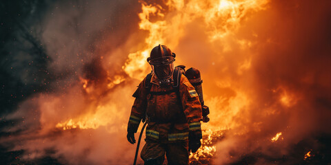 Obraz premium Dramatic image of a firefighter battling a fierce wildfire, with intense orange flames engulfing the forest under a smoky sky.