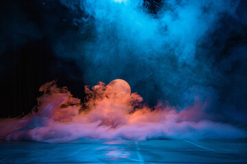 Soft peach smoke swirling across a stage under a dark blue spotlight, creating a soothing visual against a black backdrop.